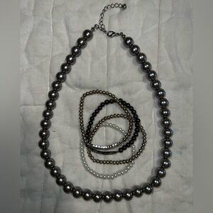Pewter pearl necklace & faux pearl Bracelet set with rhinestone infinity accent